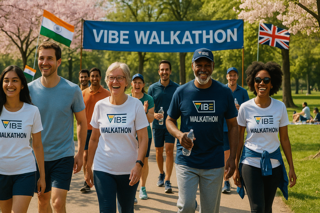 Group of diverse people walking together in a community wellness walkathon organized by VIBE in the UK