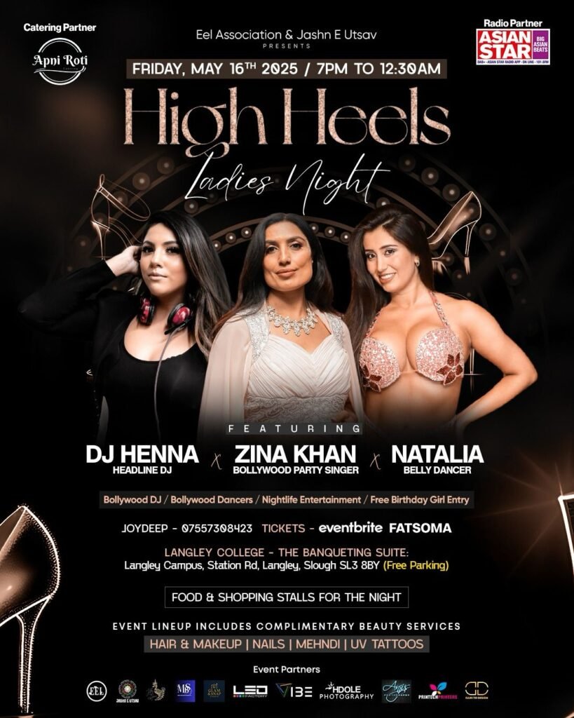 Three glamorous women posing for High Heels Ladies Night event featuring DJ Henna, Zina Khan, and Natalia – hosted by VIBE UK